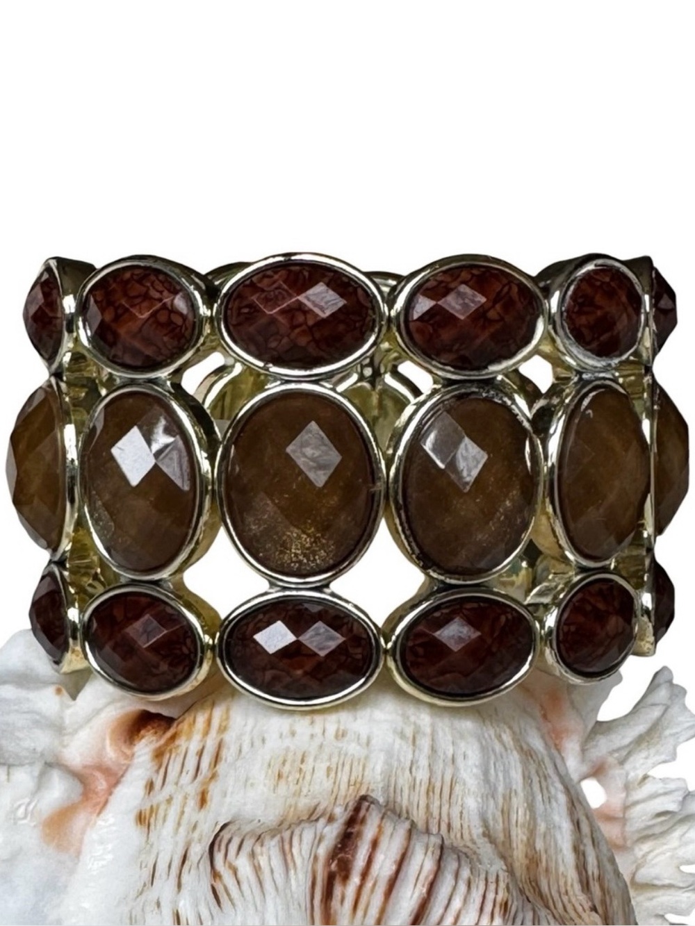 Wide Gold Tone Brown Faceted Stone Stretch Bracelet Statement Cuff Bold Glam